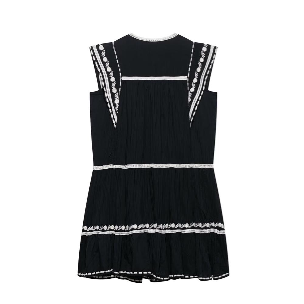 2025 Spring/Summer Women's Loose Color Block Embroidered Sleeveless Dress