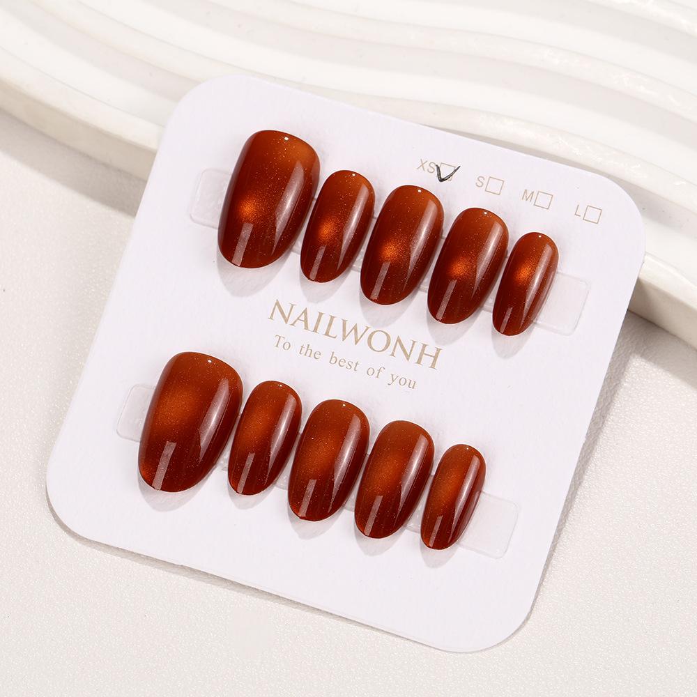Elegant Cat Eye Solid Color Glass Beads Short Wearable Nails - Simple Skin Whitening Detachable Tips