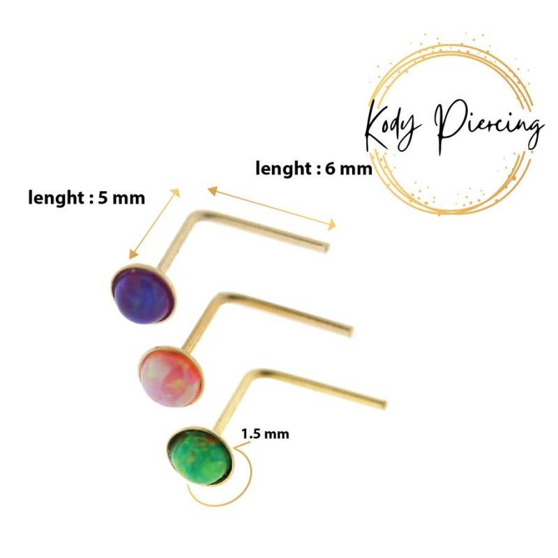 KODY PIERCING 9K Gold 3-teiliges Set L-Stab mit 1,5 mm in grünen, rosa, lila Opalen