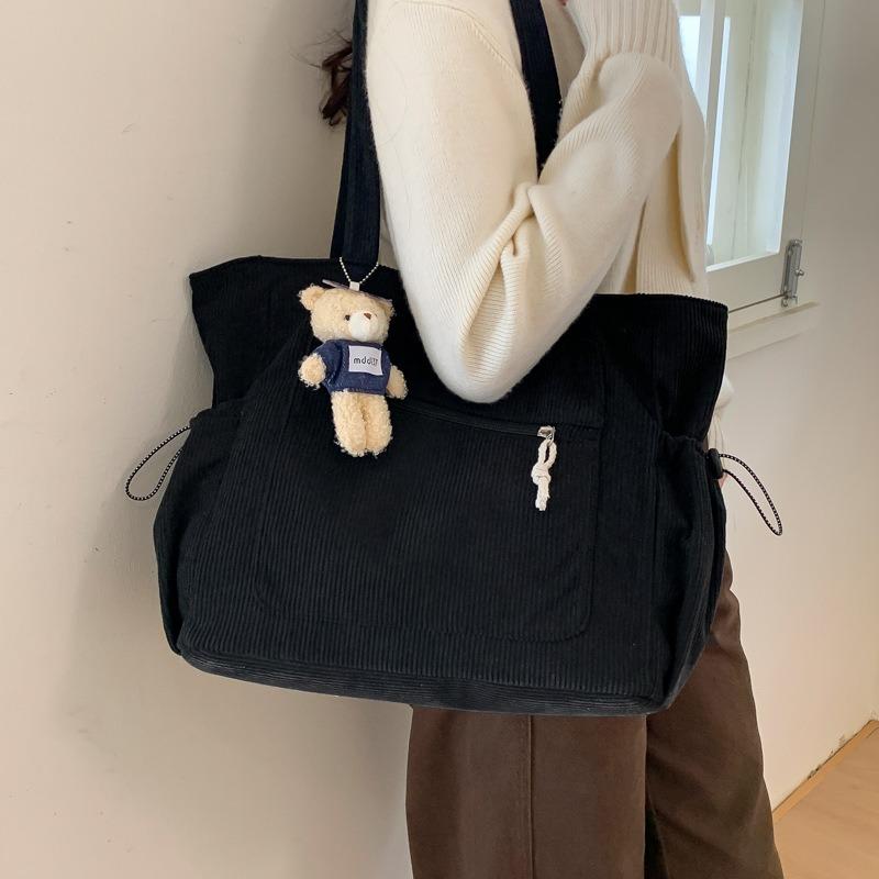 Solid color corduroy bag women's large capacity commuter tote bag with zipper lazy style simple velvet shoulder bag