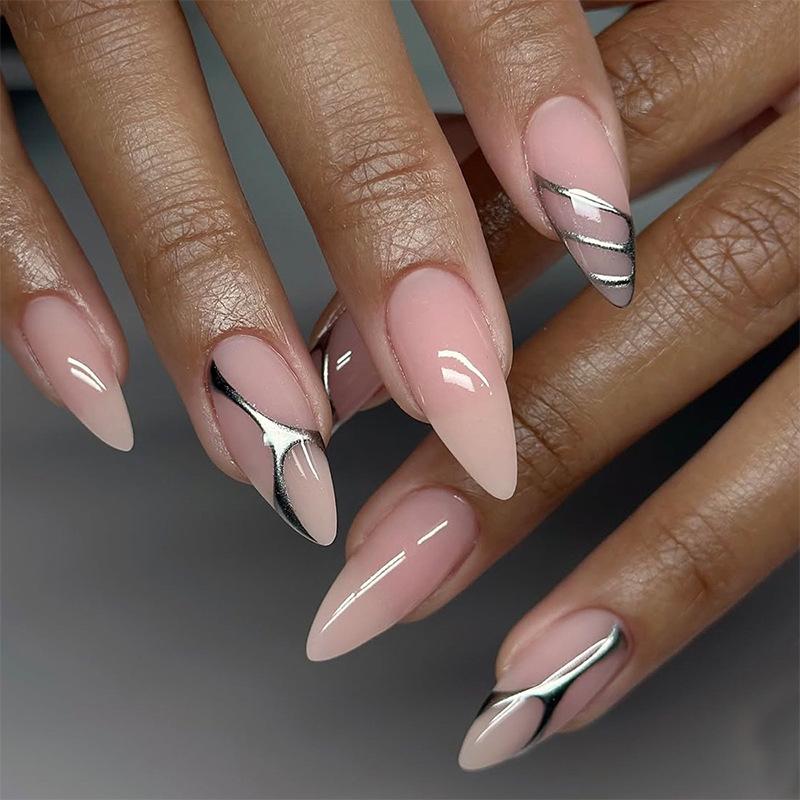 24PCS Simple Almond Wearable Press On Nails with Marble Lines Pattern Gradient Gold Fake Nail Glue Full Cover Manicure Ins Tools