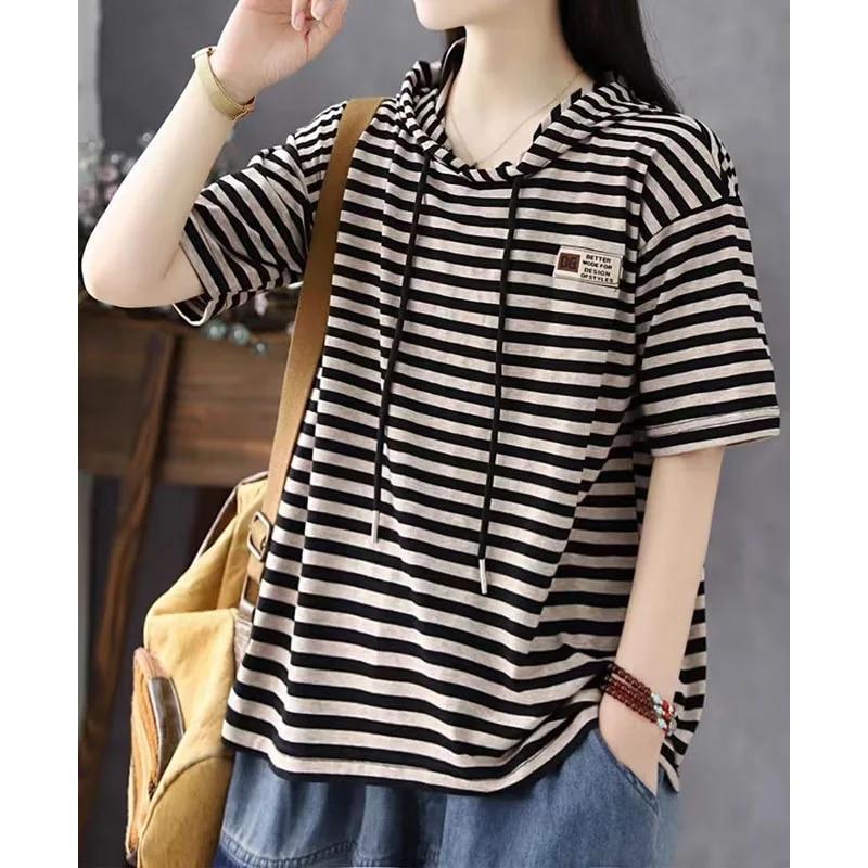 

Повседневная модная женская полосатая футболка с капюшоном с принтом, новые летние винтажные пуловеры с короткими рукавами, топы, женская одежда 4XL