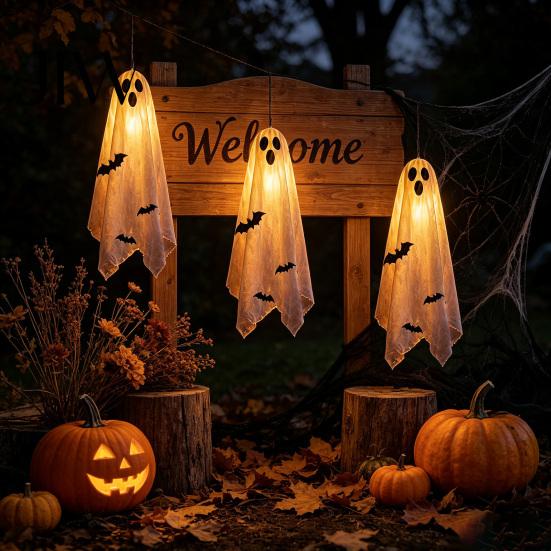 Halloween Hanging Ghost Decorations Scary Decor, Spooky Bat Print Decor for Porch Holiday Yard Ornaments Tree, Glow-in-the-Dark Outdoor Decoration