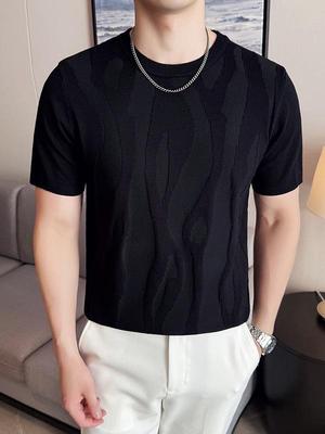 Men's Trendy 2026 Spring Short-Sleeve Knit Sweater - Korean Style, Slim Fit, Round Neck, Youthful Base Layer