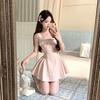 Ballet square neck strap white dress women's summer bubble sleeves ruffle edge long dress short sleeves high-end skirt