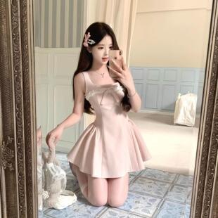 Ballet square neck strap white dress women's summer bubble sleeves ruffle edge long dress short sleeves high-end skirt