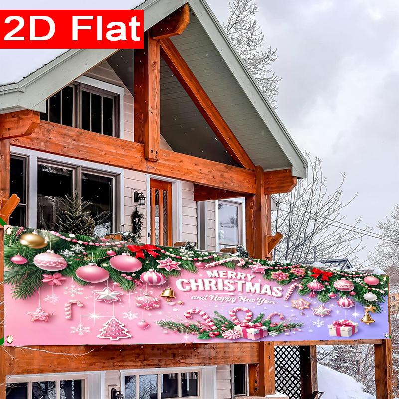 Pink Merry Christmas Banner, Holiday Design, Polyester Outdoor Wall Fence Yard Garage Garden Porch New Year Decoration