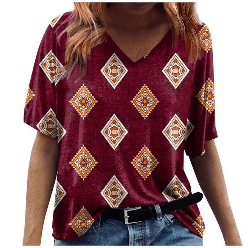 

2024 Ретро женская футболка с V-образным вырезом, короткий рукав, цветочная футболка, повседневная модная цветочная футболка, уличный корейский стиль, свободный топ 3XL