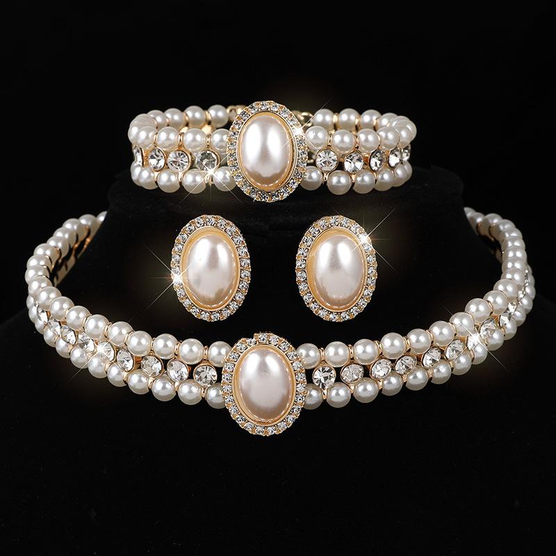 Vintage Pearl Rhinestone Bridal Necklace Earrings Set Cheongsam Neck Chain Collarbone Chain Set Multi-layer Pearl Jewelry Women