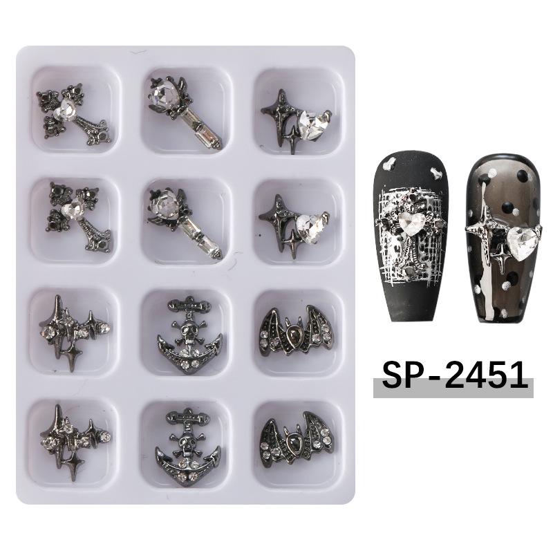 

Dark Skull Retro Chrome Hearts & Rhinestone Spider Angel Nail Art Set - 12 Pieces