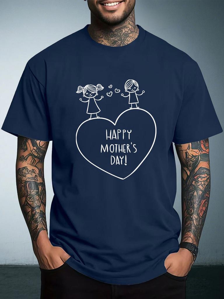Unisex White Short Sleeve Tee Heart Two Kids Stick Figure Happy Mothers Day Text Graphic Crew Neck Loose Casual Male Daily Tops