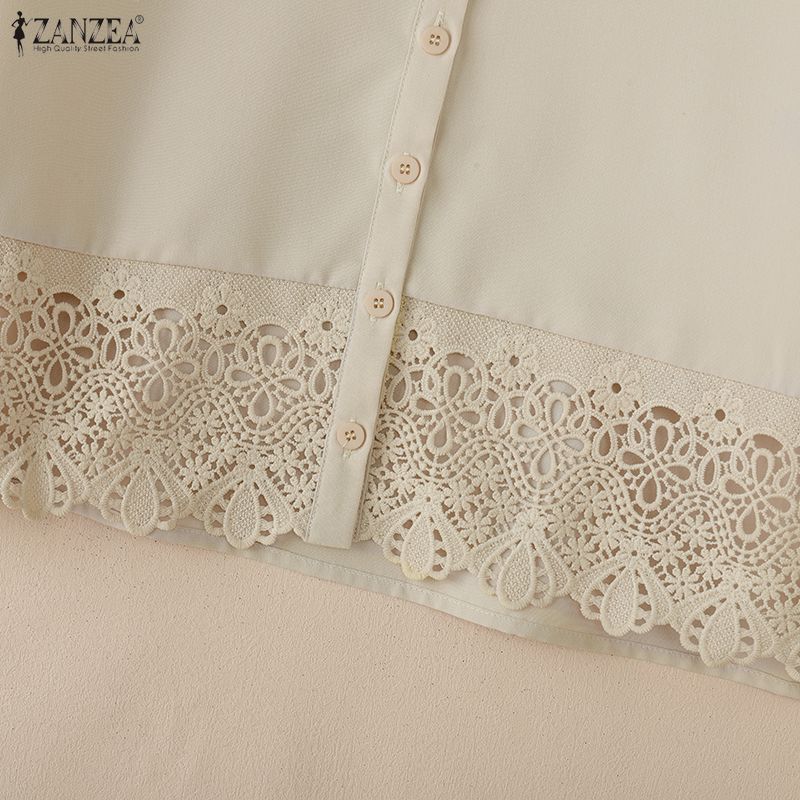 ZANZEA Women Stand Collar Casual Lace Crochet Splice Half Sleeve Blouse