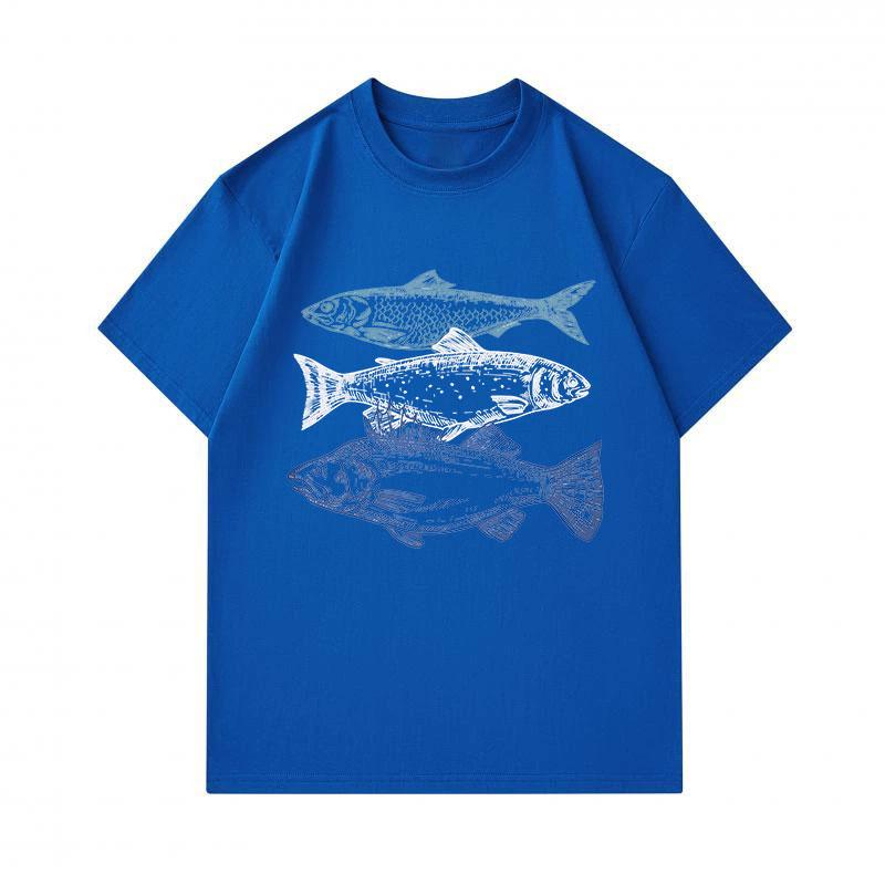 Men's 100% Cotton Crew Neck Short Sleeve T-Shirt, Casual Retro Three Fish Printed Comfortable Tee, Lightweight Breathable Daily Summer Top for Men