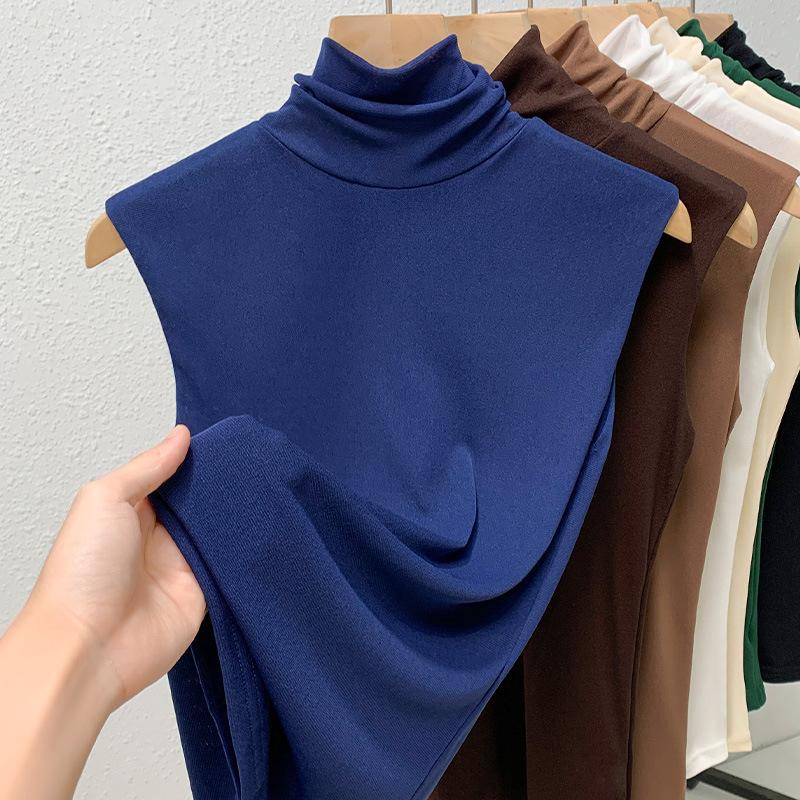 Women's Spring Solid-Color High-Neck T-Shirt with Tulle Lining, Fitted Sleeveless Top