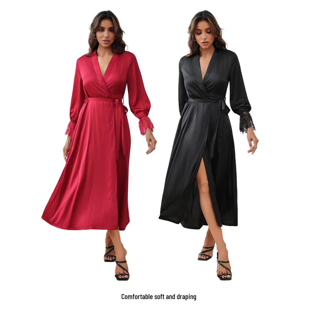 Yaoting Damen Satin Chiffon Nachthemd: Sommer Spitzen-Patchwork, Französisch Elegant, Sexy Rückenfreier Langer Morgenmantel.