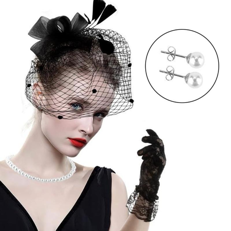 1920s Fascinator Headpiece Set for Party Wedding with Gloves Necklace Feathered Lace Flapper Headwear for Theme Party