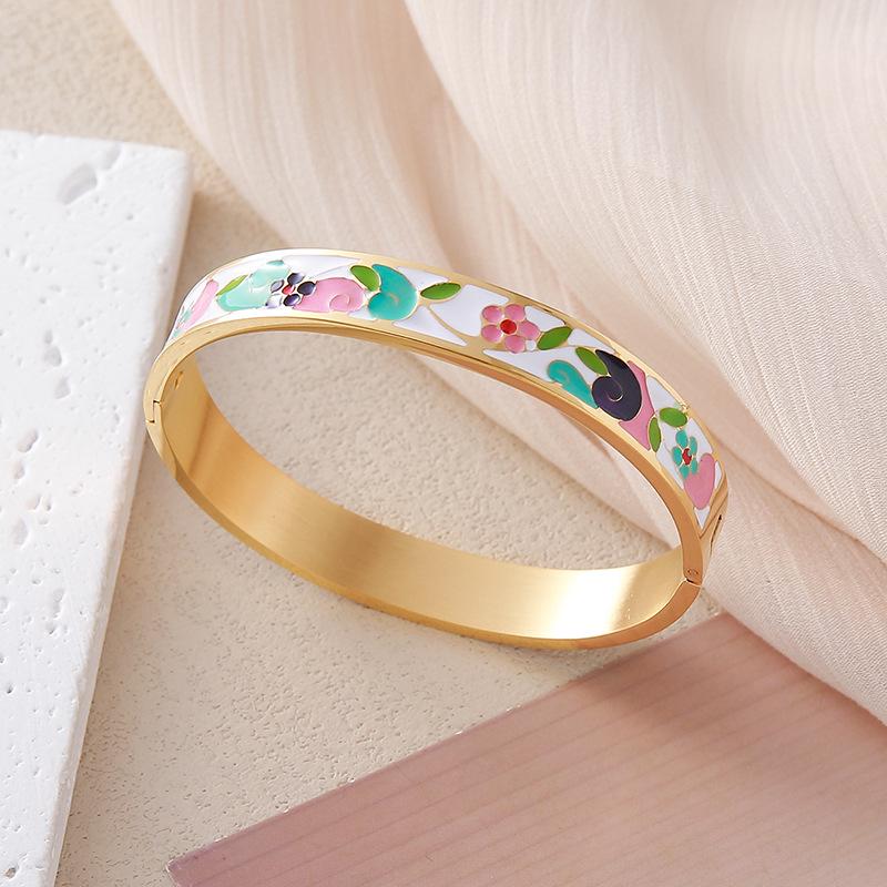 European and American Bestseller: 18K Gold Plated Titanium Steel Enamel Bracelet - Women’s Colorful Drip Oil Light Luxury Jewelry.