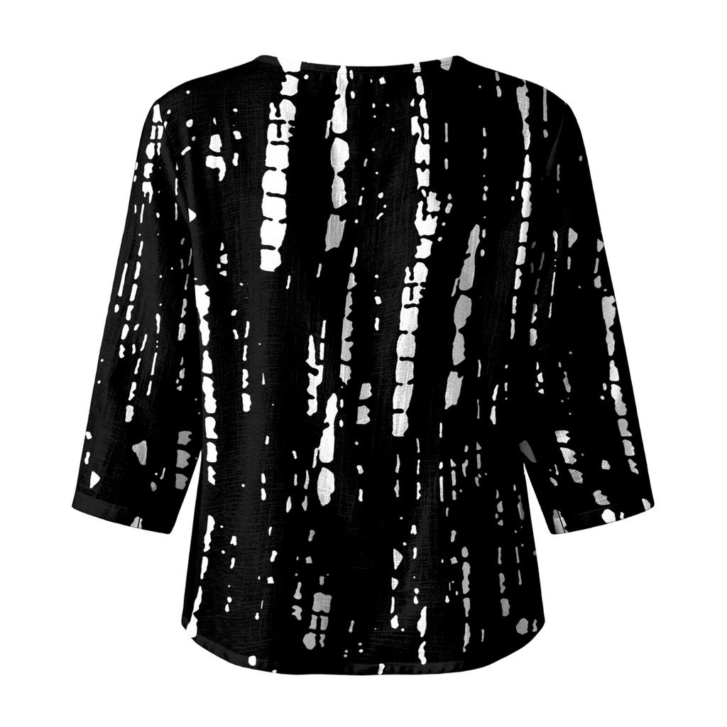 Women's Casual Floral Print Round Neck Three Quarter Sleeve Linen Cotton Blouse Lightweight Loose Fit Top for Everyday Wear