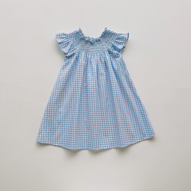 Girls Summer Cotton Smocked Flutter Sleeve Plaid Dress With Bow Print Short Sleeve Casual Sundress For Kids 90cm
