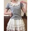 Women's Pure Cotton Lace Collar Ruffle Bow Short Sleeve Top