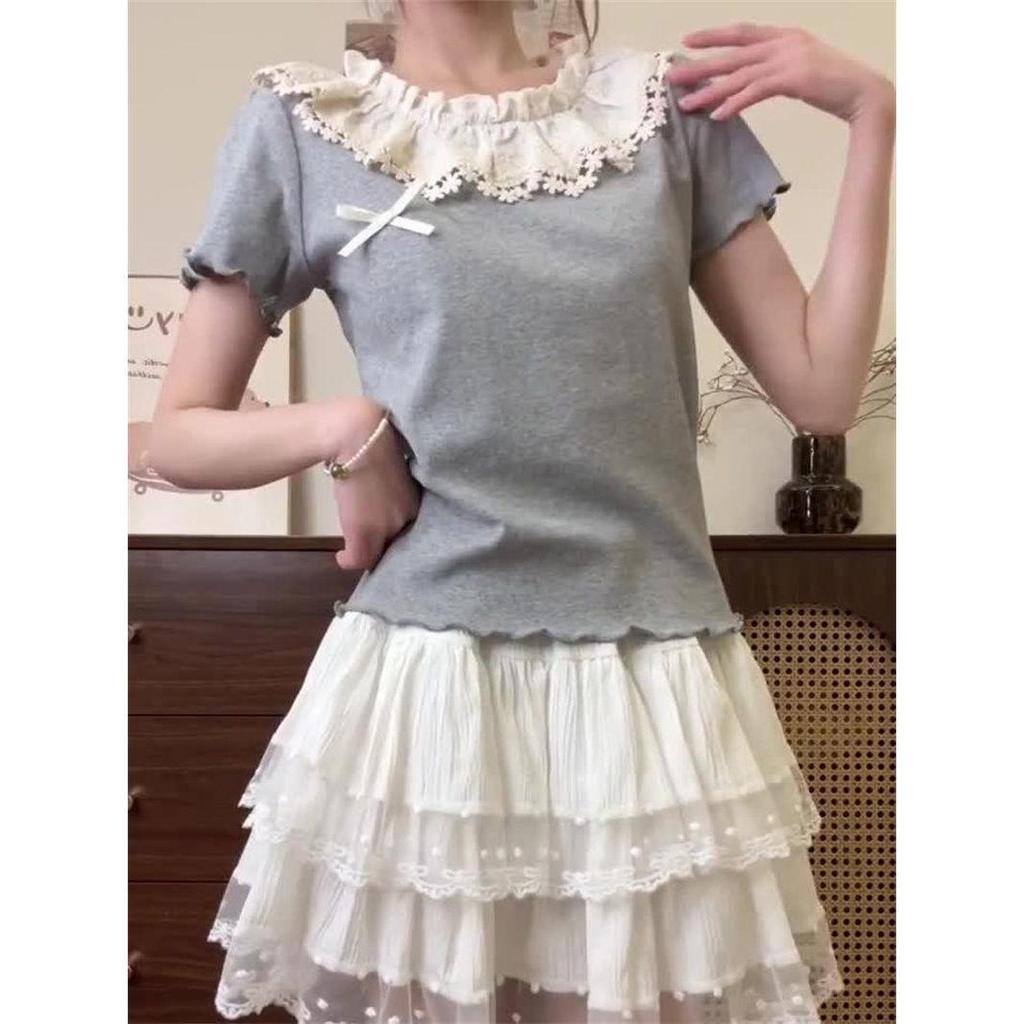 Women's Pure Cotton Lace Collar Ruffle Bow Short Sleeve Top