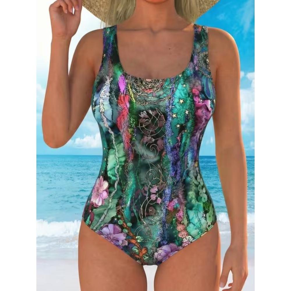 Summer Sexy Abstract Pattern Printed One-piece Swimsuit Slim Fit and Slimming, Deep U-back Design, Beach Pool Vacation Eye-catching Fashion Swimsuit