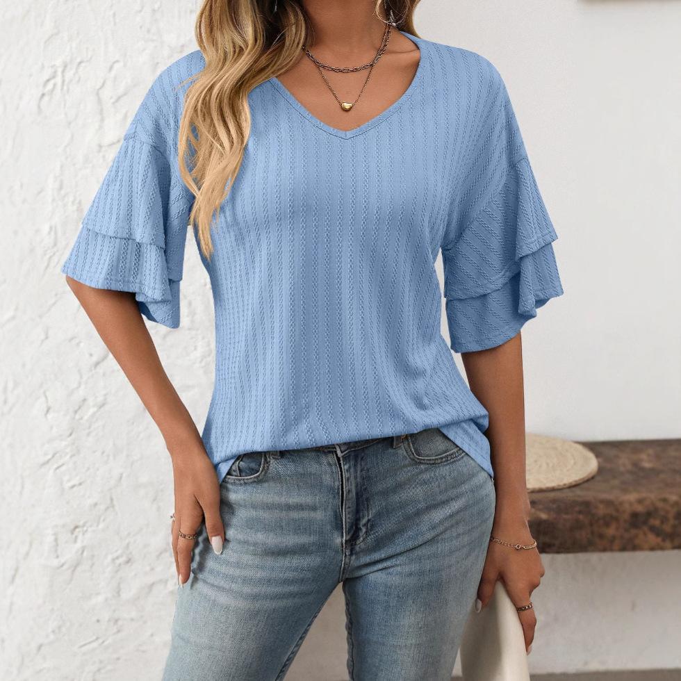 Spring and Summer Solid Color V-neck Ruffle Sleeve Top Short Sleeved Textured Women's T-shirts