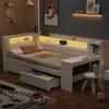 Upholstered 90x200 Daybed with USB Ports and LED Strip, with Desk and 2 Drawers, White