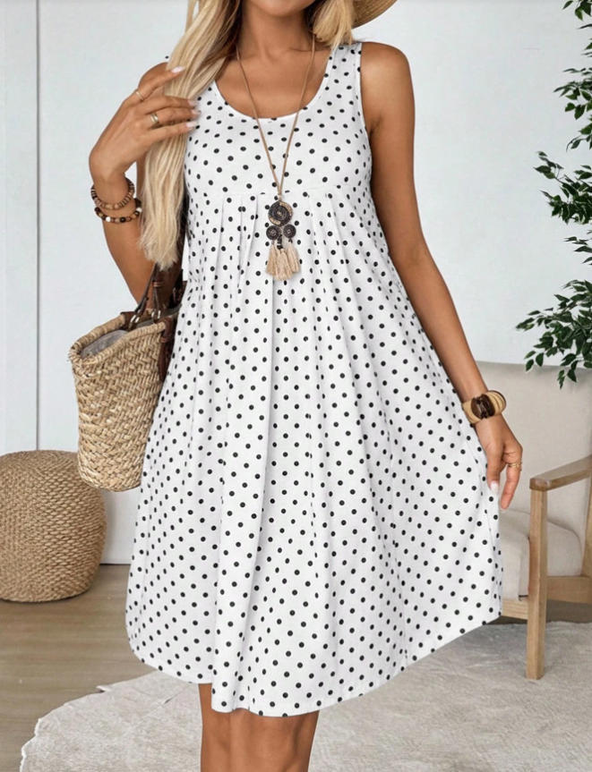 Women's Sleeveless Polka Dot Dress Round Neck Loose A-Line Casual Midi Tank Dress For Daily Beach Wear