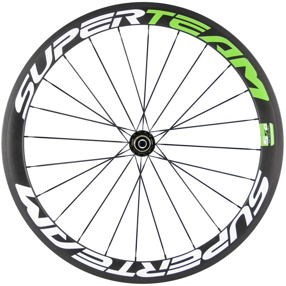SUPERTEAM 50mm Clincher Wheelset 700c 23mm Road Bike Carbon Wheels (White/Green)