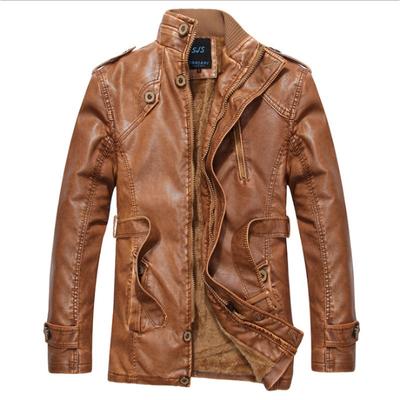 Winter Fashion Slim Fit Men's Washed Pu Leather Jacket Medium and Long Thickened Velvet Men's Leather Jacket