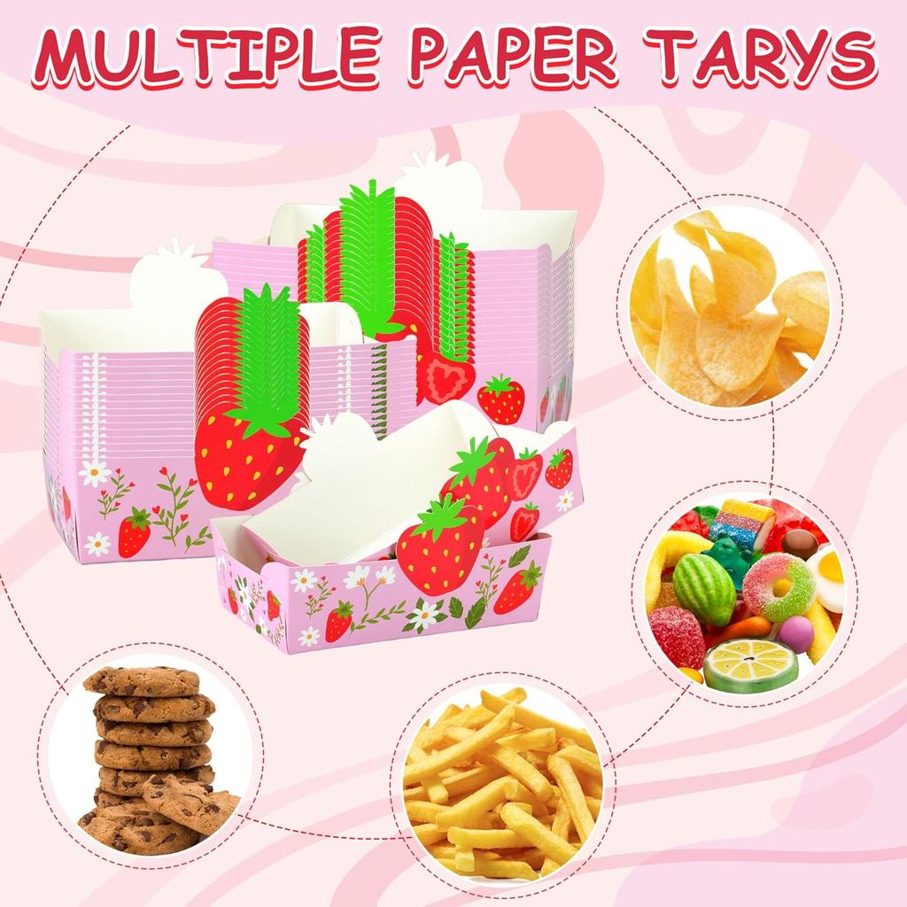 24Pcs Strawberry Paper Food Trays Cute Strawberry Snack Bowl Disposable Berry Dessert Boats for Strawberry Birthday Party Decoration Supplies