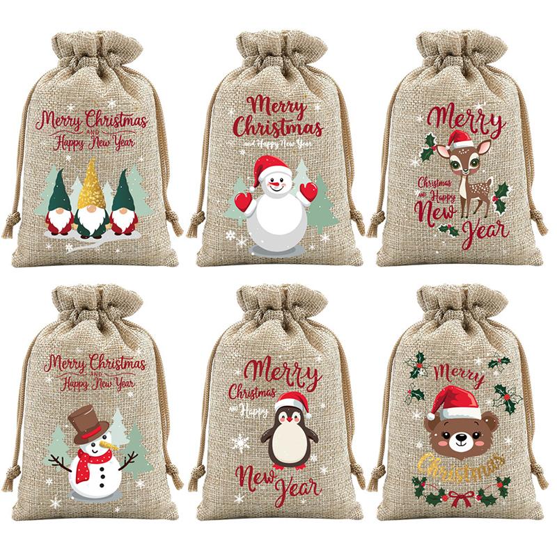6 Pcs Christmas Small Burlap Bags With Drawstring, Burlap Gift Bags Christmas Treat Sacks Gift Wrapping Bags