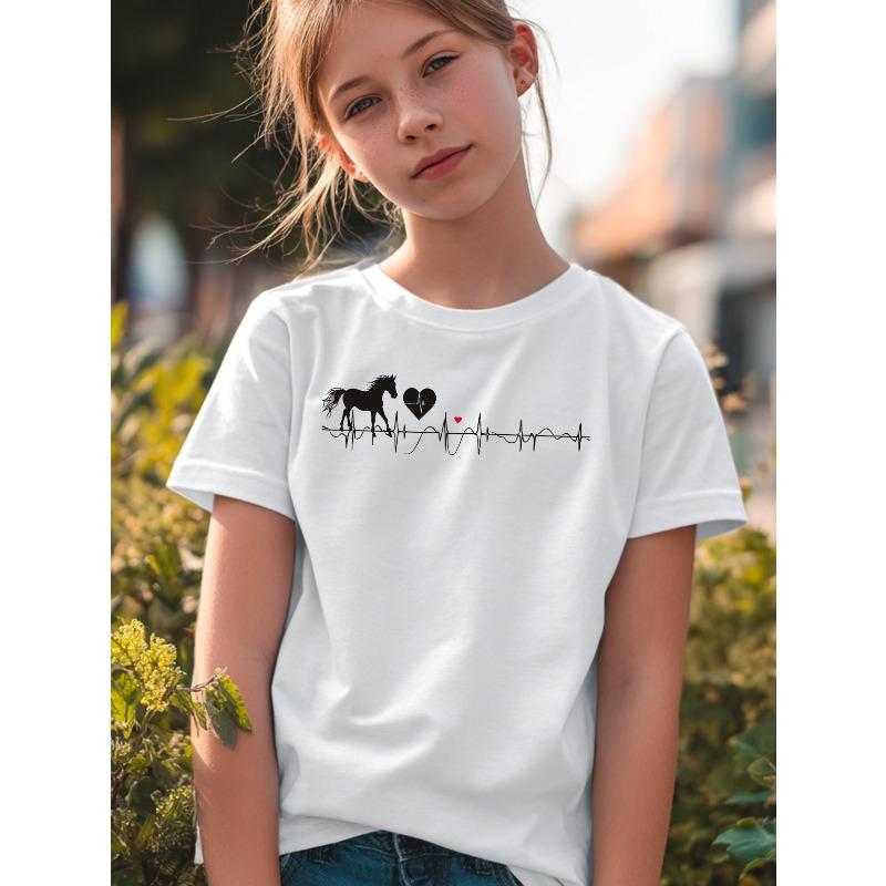 Girls Crewneck Short Sleeve Tee, Cute Pony Electrocardiogram Print Stretchy Knit Summer Casual Top 110
