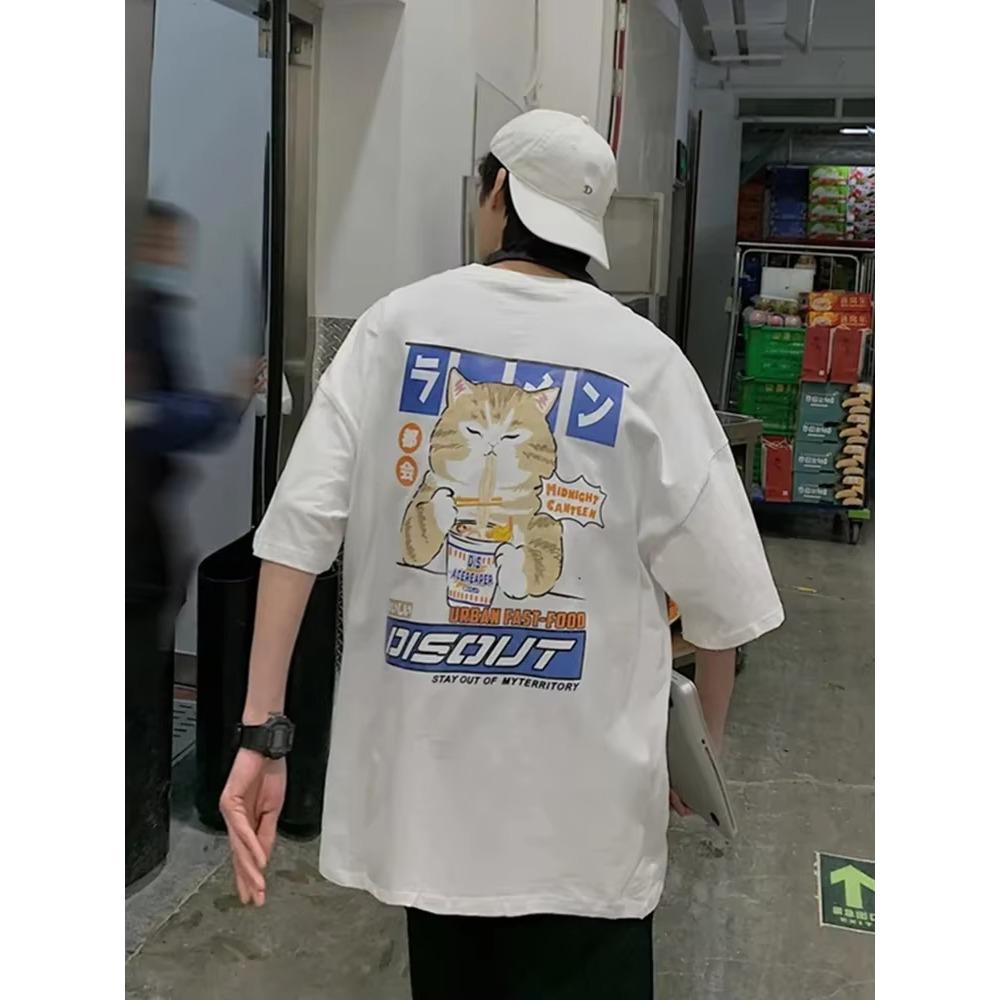 

Harajuku Cat Cartoon Eating Noodles Graphic Мужские и женские футболки повседневные футболки с коротким рукавом в японском стиле большие размеры футболка одежда XXXXXL белый