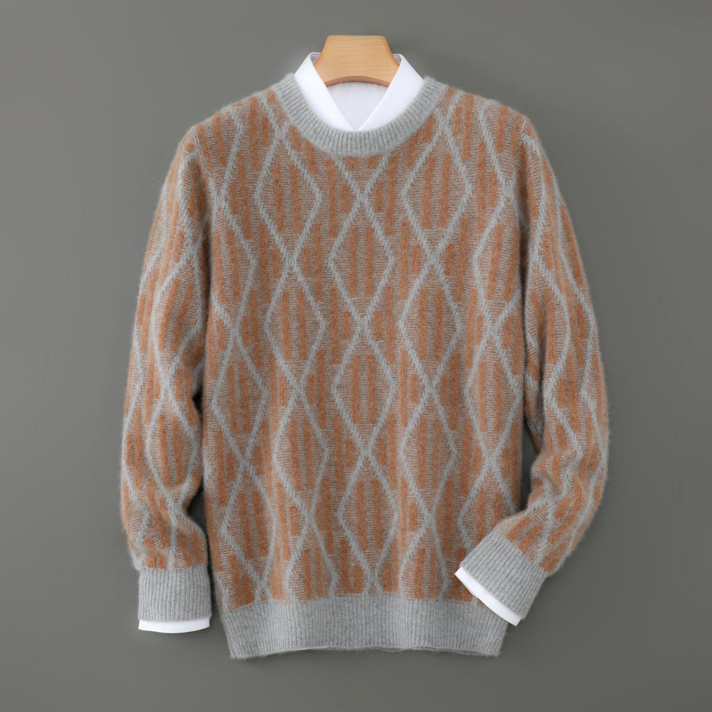 

Men s Thickened Round Neck Wool Sweater - 100% Pure Wool, Color Block, Fashionable European Style for Autumn & Winter XXXL-190-210 jin