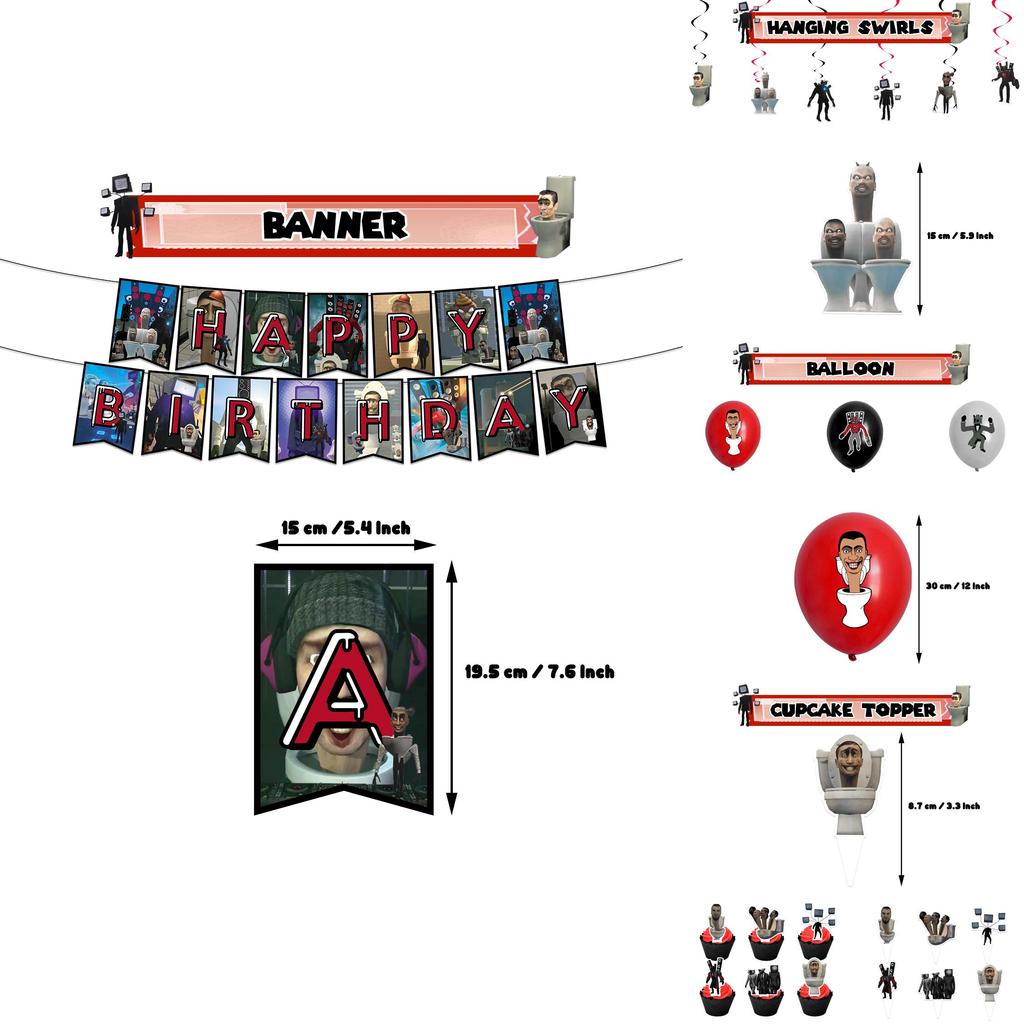 Skibidi Toilet Theme Birthday Party Decoration Kit Monster Birthday Cake Topper Paper Flag Balloons And More!