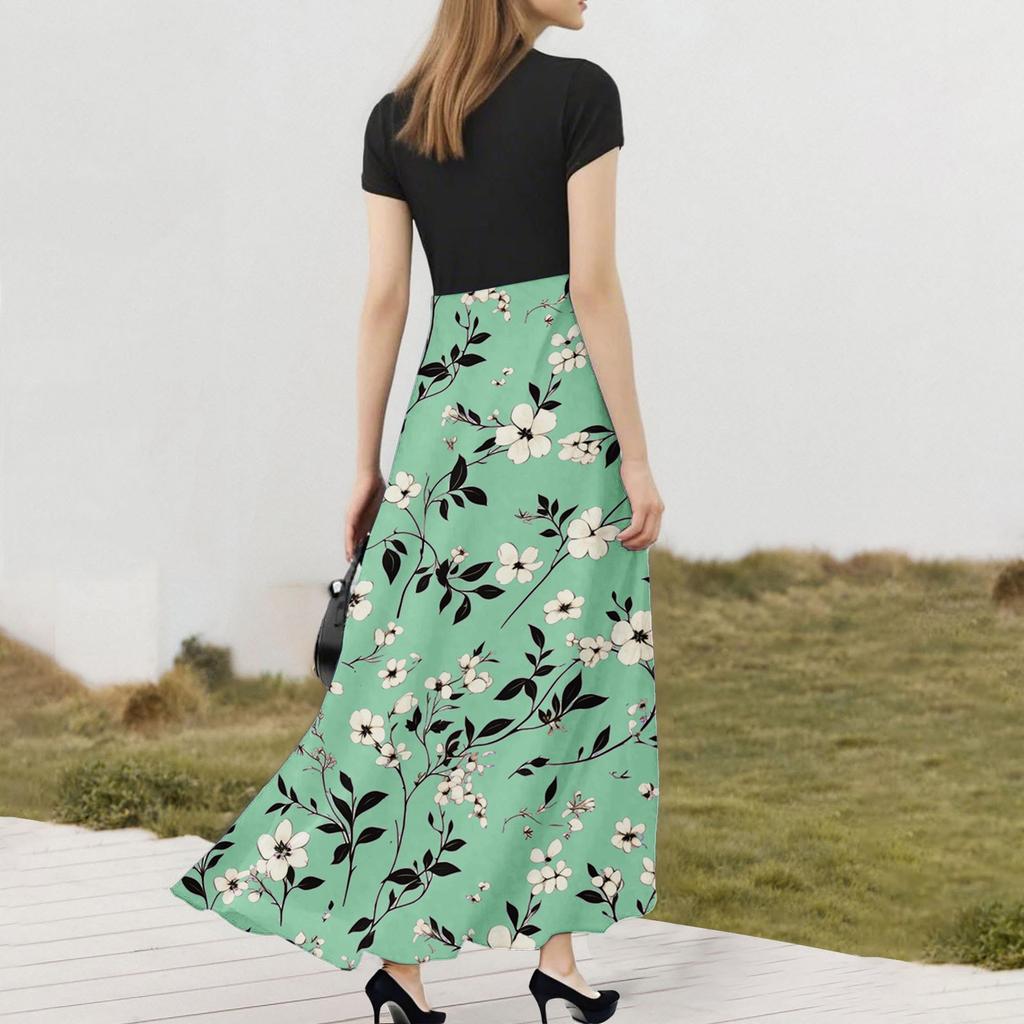 Moda Donna Casual Ampio Stampato Girocollo Manica Corta Abiti Lunghi Abiti Lunghi a Manica Corta