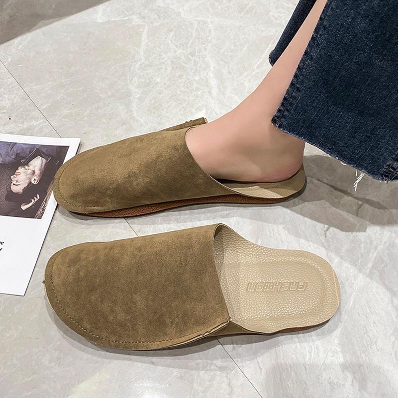 Grinding yarn bag head half slippers women's early spring new soft leather lazy shoes retro flat soft bottom cool slippers women