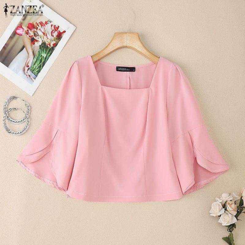 ZANZEA Women Square Collar Summer Casual 3/4 Sleeve Elegant Blouse