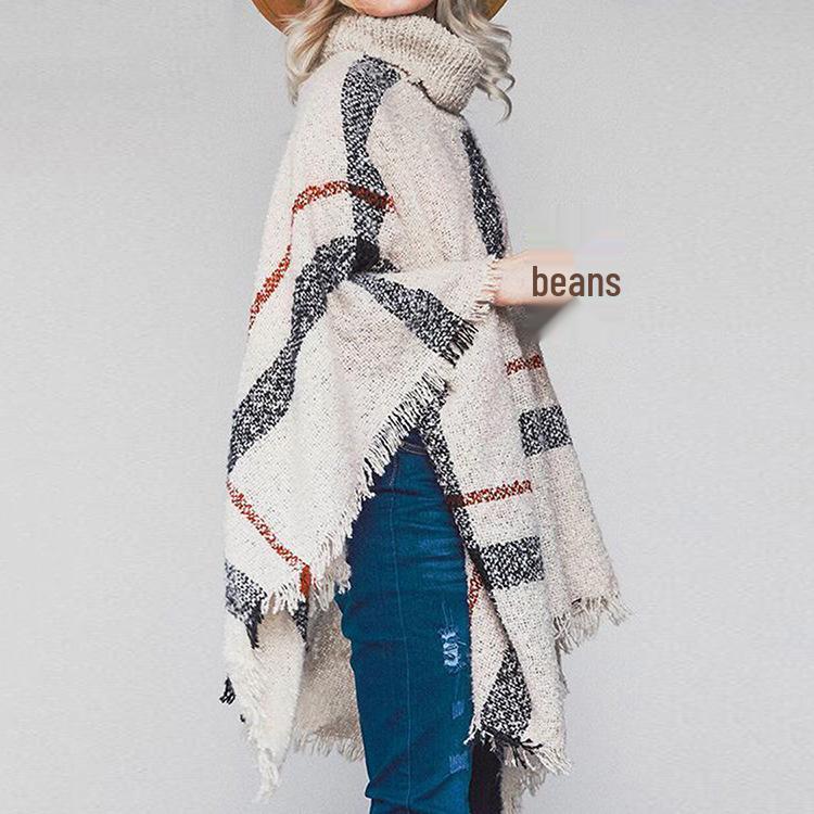 2025 Women's Mid-Length High Neck Fringe Shawl Cape - European American Autumn Winter Color Block Loose Knit Sweater