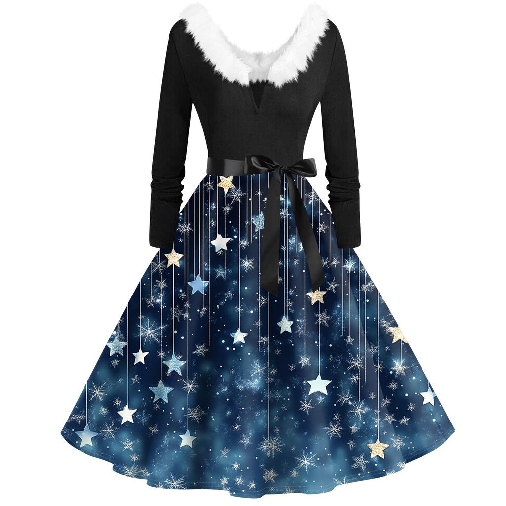 Women's Fashion V-Neck Casual Slim Christmas Printed Long Sleeve Hair Collar Dresses