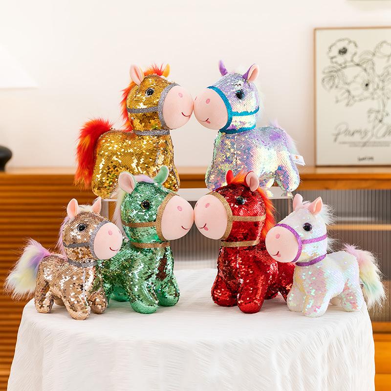 Cartoon Simulation Sequin Pony Plush Toy Zodiac Horse Doll Activity Sprinkler Ring Ornament