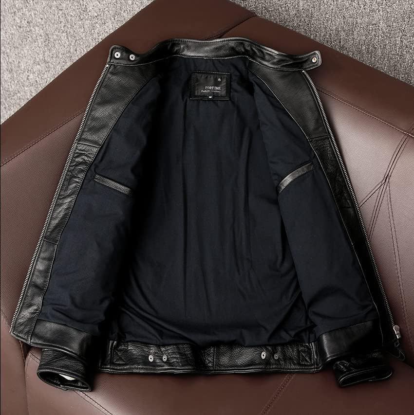 CHEJI Genuine Leather Military Biker and for and Denim Jacket Jacket, Men's Double-Breasted Jacket, Short, Simple, Cold-Weight Windproof, Thick,