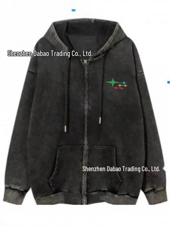 Unisex Distressed Washed Zip-Up Hoodie with Large Pockets - Casual, Versatile, Trendy High Street Jacket