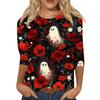 Women Halloween Print Casual Crew Neck Three Quarter Sleeve Loose Fit T Shirt Top for Autumn and Everyday Wear