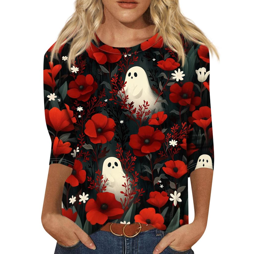 Women Halloween Print Casual Crew Neck Three Quarter Sleeve Loose Fit T Shirt Top for Autumn and Everyday Wear