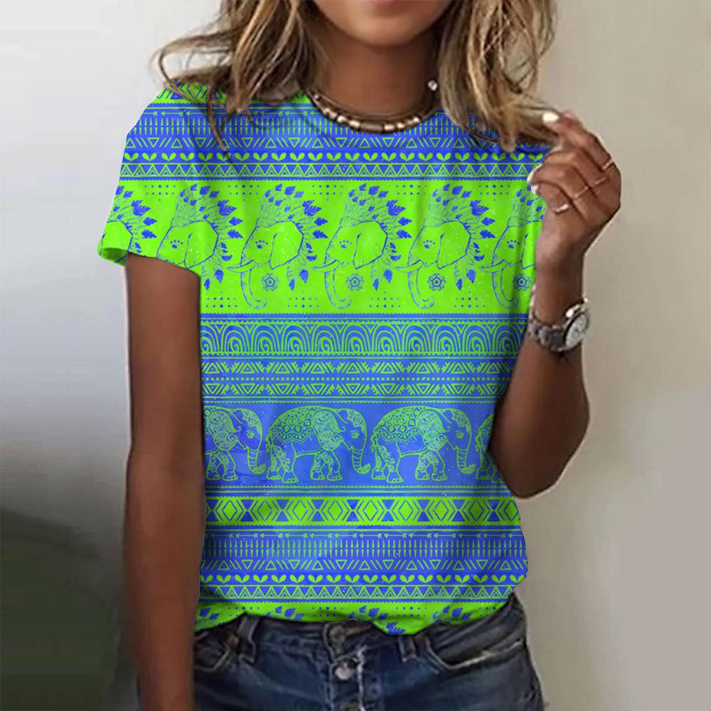 Female ethnic elephant 3D printed T-shirt, retro animal printed T-shirt, round neck casual summer T-shirt, loose short sleeved T-shirt