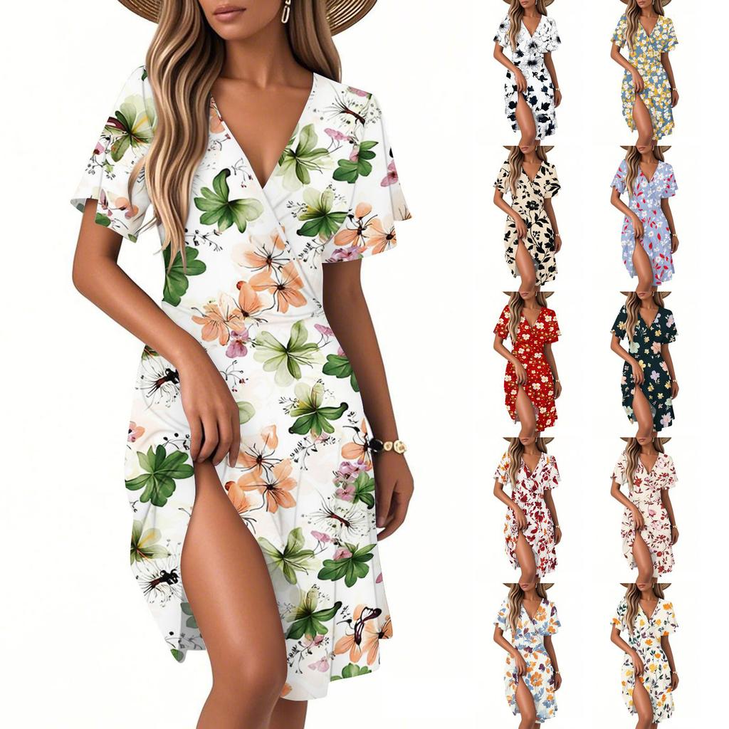 Women's Horn Sleeve Short Sleeve Casual Dress Plant Floral Print V-Neck Dress