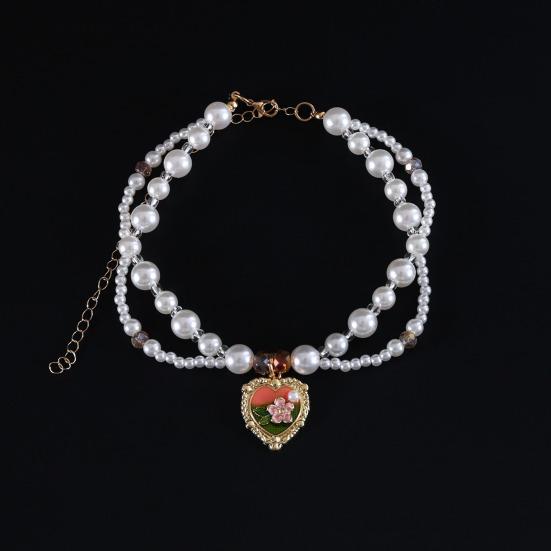 Faux Pearl Pet Collar for Dogs Cats Double-layer Beaded Necklace with Enamel Pendant for Pet Dress-up Jewelry Accessories